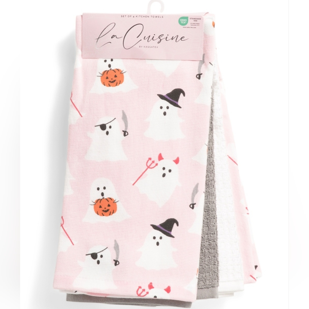 La Cuisine Set Of 4 Halloween Ghost Kitchen Towels Pink Gray White